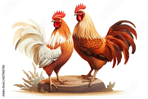 Two chickens roosting together, farm theme, couple animal