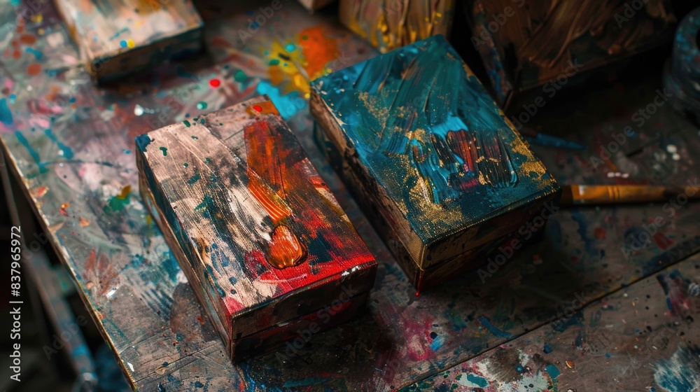 Two wooden boxes with paint splatters on them. The boxes are painted in different colors and have a messy appearance. The scene suggests that someone has been working on a painting project