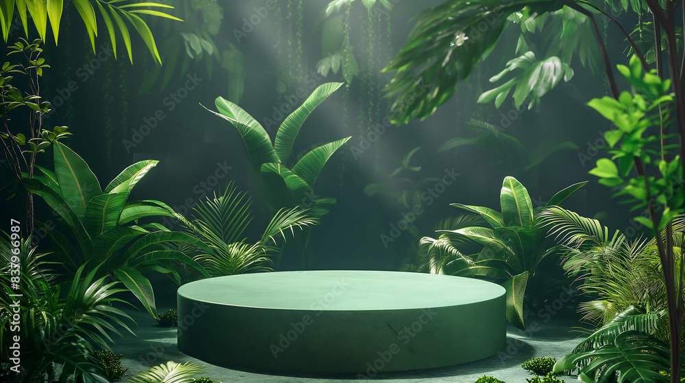 Vibrant Jungle Plants Surrounding a Green Round Platform in a Serene Forest Setting, podium Vibrant Jungle Plants Surrounding a Green Round Platform in a Serene Forest Setting, podium