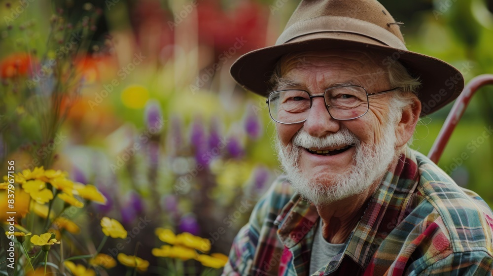 Happy elderly man with walking stick and smiling senior people relaxing in the garden Happy elderly man with walking stick and smiling senior people relaxing in the garden