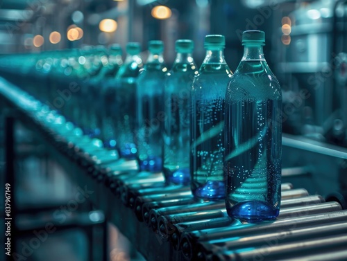 Bottles of water are being made on a conveyor belt. The bottles are blue and have a green cap