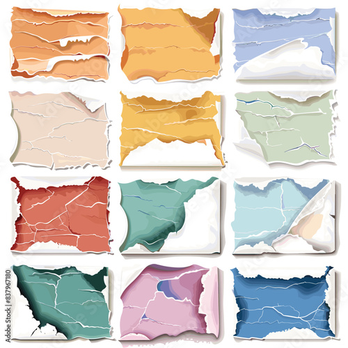 Set colorful torn paper pieces edges ripped texture layered elements. Various ripped paper scraps different colors flat craft project creative background. Collection torn sheets
