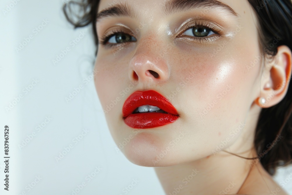 A woman with red lipstick and a green eye shadow. She has a very pretty and attractive face A woman with red lipstick and a green eye shadow. She has a very pretty and attractive face