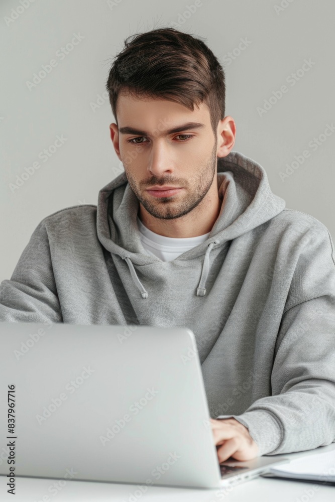 A man is sitting at a desk with a laptop in front of him. He is wearing a gray hoodie and he is focused on his work