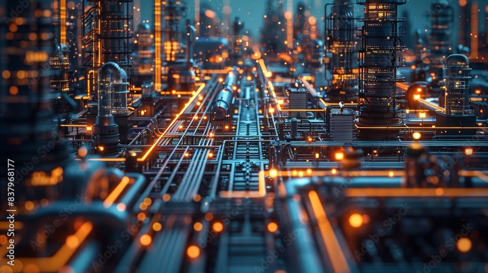 A digital rendering of a futuristic cityscape with illuminated pipes and towers, showing a complex network of interconnected structures A digital rendering of a futuristic cityscape with illuminated pipes and towers, showing a complex network of interconnected structures