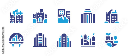 City icon set. Duotone color. Vector illustration. Containing sustainable, buildings, skyscraper, castle, city, fyingcity, building, fire, officebuilding.