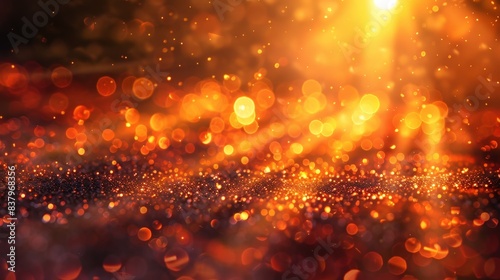 An abstract background featuring orange and gold glitter with bokeh lights