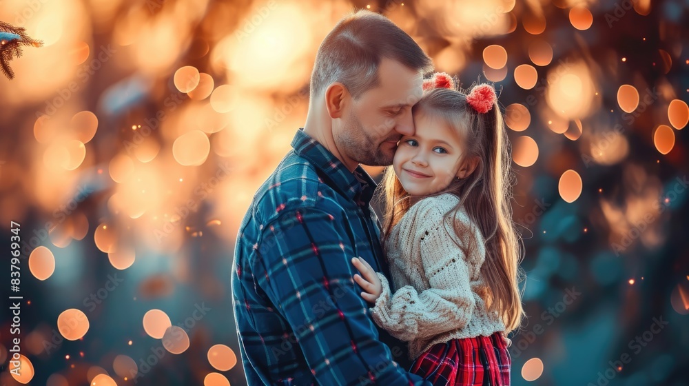 A man and a little girl are hugging each other. The man is wearing a plaid shirt and the girl is wearing a red skirt. Scene is warm and loving