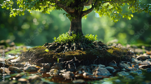 Isolated tree on a rocky island with pebbles photo