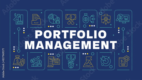 Portfolio management blue word concept. Financial diversification, interest rate. Investing money. Visual communication. Vector art with lettering text, editable glyph icons. Hubot Sans font used