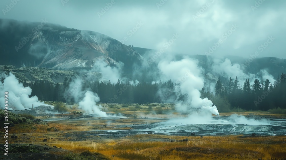 Advanced geothermal power plant, steam rising from vents, surrounded by pristine nature