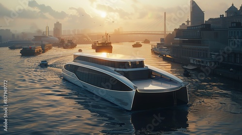 Advanced electric ferry powered by renewable energy, sleek design, traveling through a harbor