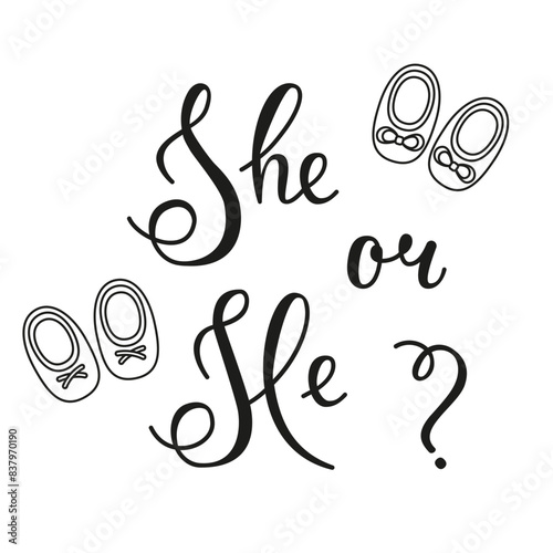 Hand lettering He or She. Image of newborn clothes in doodle style. Vector invitation card template for baby gender reveal party.