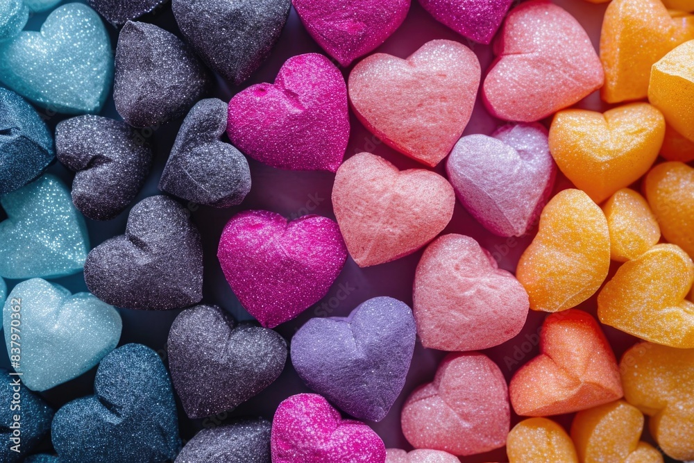 A bunch of hearts in different colors and sizes. The hearts are all different colors and sizes, but they all have the same shape A bunch of hearts in different colors and sizes. The hearts are all different colors and sizes, but they all have the same shape