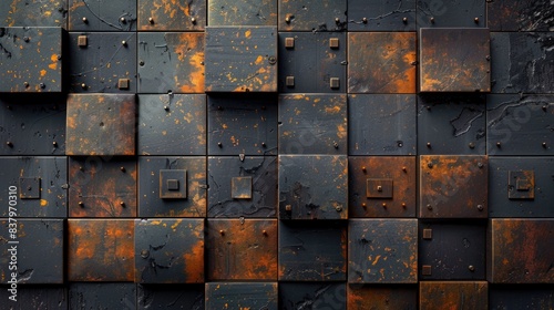 A wall made of rusty metal pieces with a black and orange color scheme. The wall is made up of many small squares and rectangles