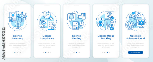 Software licensing features blue onboarding mobile app screen. Walkthrough 5 steps editable graphic instructions with linear concepts. UI, UX, GUI template. Montserrat SemiBold, Regular fonts used photo