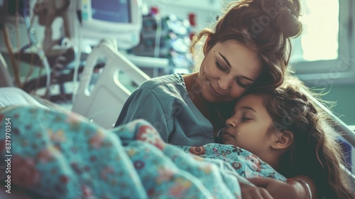  Mother consoles her sick daughter at the hospital recovering daughter and hugs her mother with love in the hospital. photo