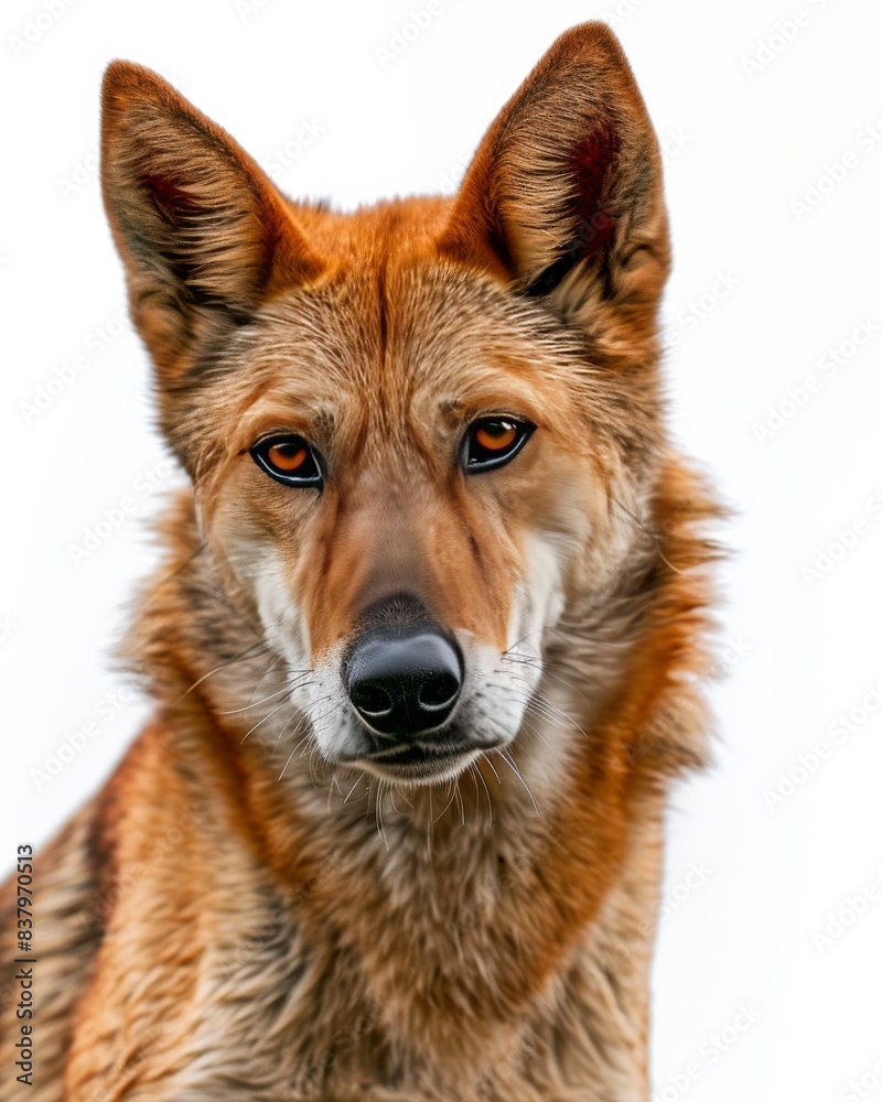 Mystic portrait of Dingo, copy space on right side, Anger, Menacing, Headshot, Close-up View Isolated on white background Mystic portrait of Dingo, copy space on right side, Anger, Menacing, Headshot, Close-up View Isolated on white background