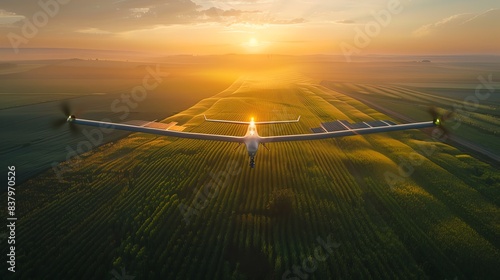 Solar-powered drone flying over agricultural fields, monitoring crop health, futuristic technology photo