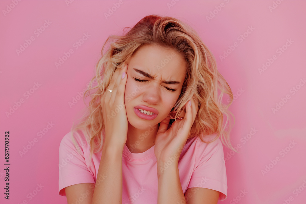 Young beautiful woman has headache, isolated on gray background. Exhausted girl portrait Young beautiful woman has headache, isolated on gray background. Exhausted girl portrait