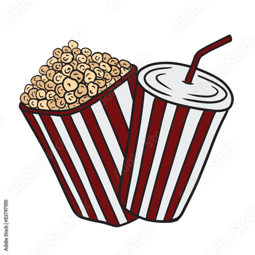 Set of popcorn and soda drink with straw in red and white striped carton disposable packages isolated on white. Hand drawn vector sketch illustration in doodle engraved line art vintage style.