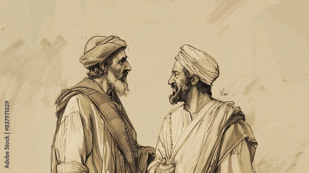 Fototapeta premium Biblical Illustration of the Parable of the Rich Man and His Manager: Shrewd Manager Securing Future, Beige Background, Copyspace