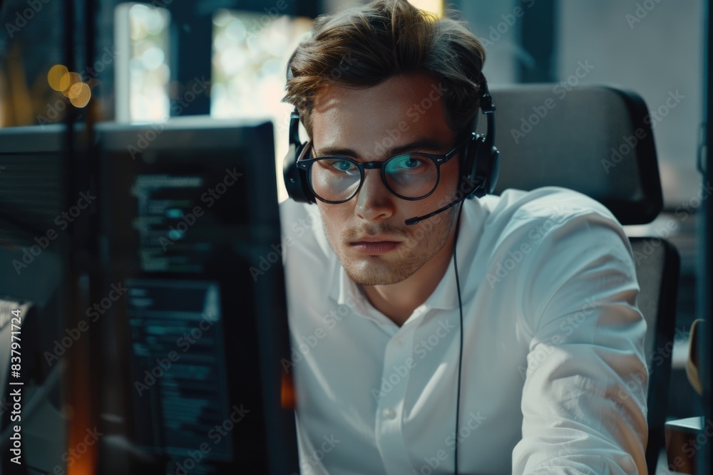 A person sits in front of a computer, wearing a headset for online communication or gaming A person sits in front of a computer, wearing a headset for online communication or gaming