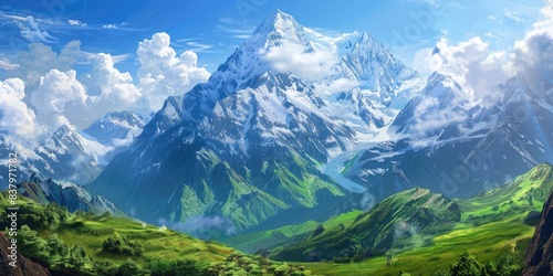 Mountain landscape with snow-capped peaks. Panorama