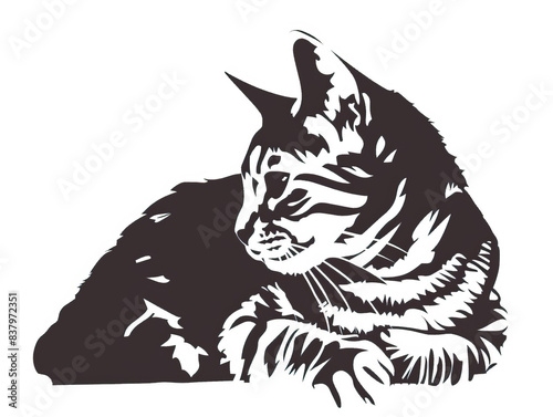 Simple and modern 2d vector graphic design illustration of American Shorthair cat in stencil print style on white background, black and white