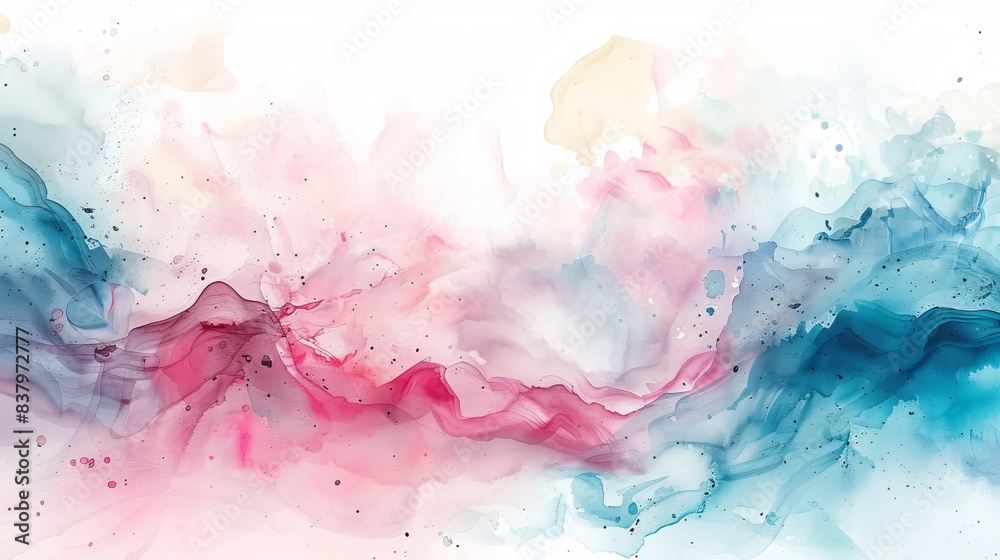 Fototapeta premium Abstract watercolor painting with vibrant pink, blue, and white swirls creating a soft, ethereal design perfect for backgrounds or artistic projects.
