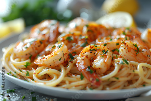 Homemade Cooked Shrimp Scampi with Pasta with Parsley