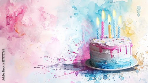 Abstract watercolor painting of a birthday cake with lit candles.
