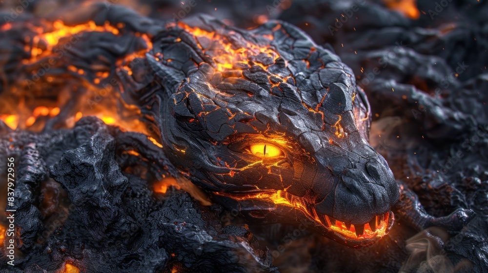 The realistic Molten Magma Roper is a colossal, snake-shaped creature with a rocky exterior covered in molten lava and burning embers. The realistic Molten Magma Roper is a colossal, snake-shaped creature with a rocky exterior covered in molten lava and burning embers.