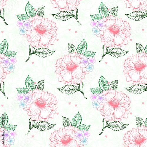 Wallpaper Mural Spring peony flower seamless pattern with line art colorful flower. Chines peon and little flower background. Torontodigital.ca
