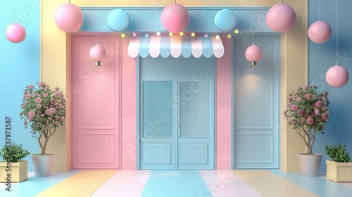Colorful storefront with pastel decorations, balloon, and plants. Features vibrant pink, blue, and yellow shades for a cheerful atmosphere. © enterdigital