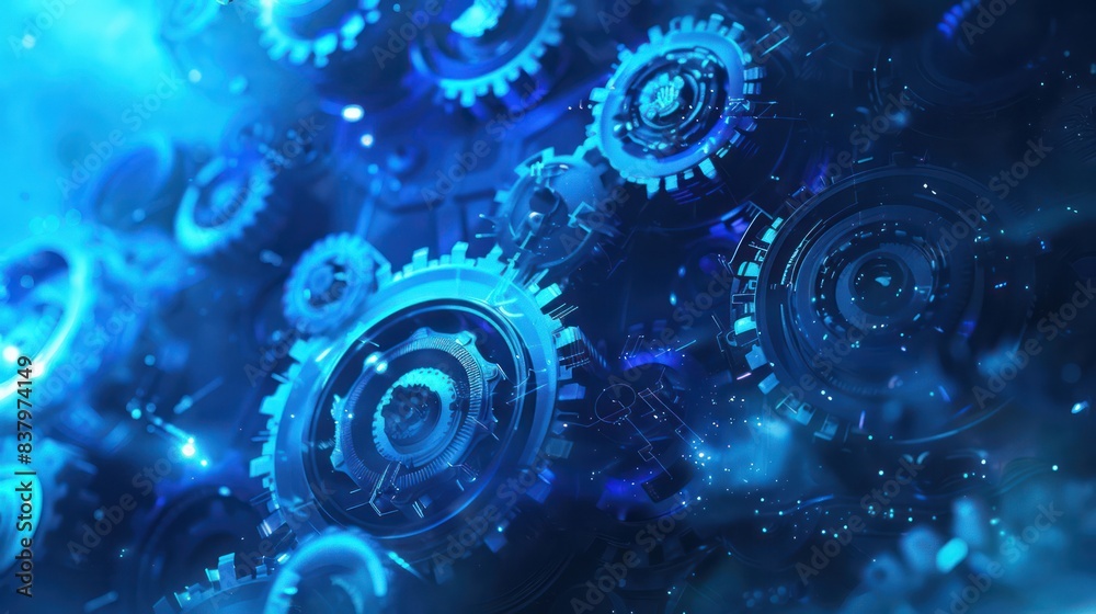 Blue hologram illustration design with cog gear advanced technology artificial intelligence background. Blue hologram illustration design with cog gear advanced technology artificial intelligence background.