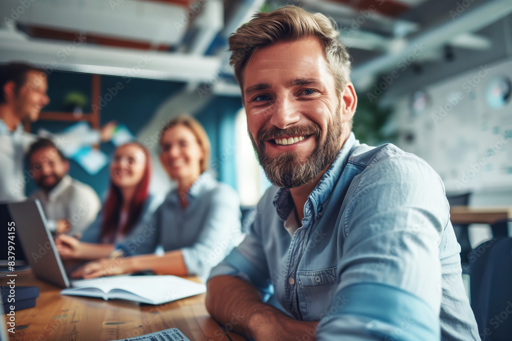 Smiling young man with beard sitting at a table in a modern office with colleagues in the background. Teamwork and collaboration concept for business