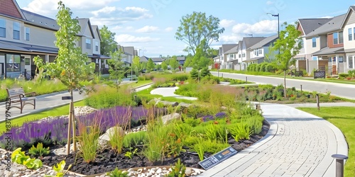 Sustainable Residential Community Rain Gardens and Permeable Pavement Features. Concept Green Infrastructure, Sustainable Development, Stormwater Management, Eco-Friendly Design