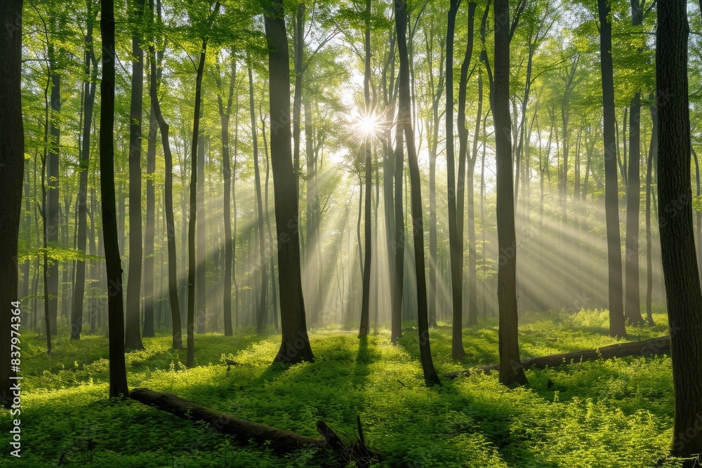 Obraz premium A serene scene of sunlight passing through tree leaves in a forest setting, perfect for use in nature-inspired designs or as a symbol of hope and renewal