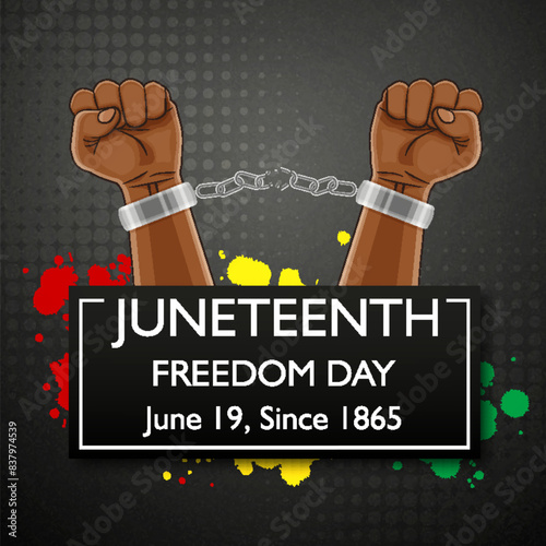 Juneteenth Freedom Day poster. June 19. Hands with broken chains on black background. EPS10 vector