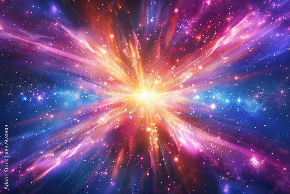 Stunning galaxy explosion with vibrant colors and stars, capturing the beauty of space and cosmic energy in an abstract digital artwork.
