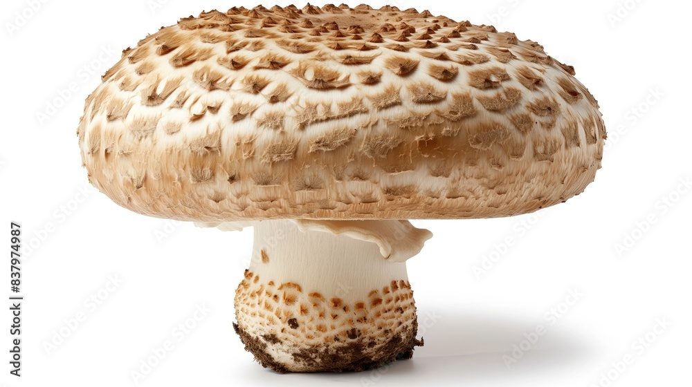 Wild Mushroom with Unique Spotted Cap Isolated on Clean White Surface Wild Mushroom with Unique Spotted Cap Isolated on Clean White Surface