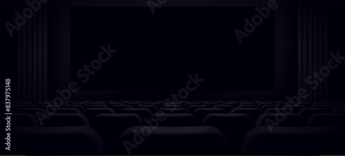 Cinema hall with blank screen. Dark scene. Rows of seats, black cinema chairs. Theater empty scene. Movie theatre. Realistic render. Flat style cartoon design. Minimalism. Vector eps10 illustration.