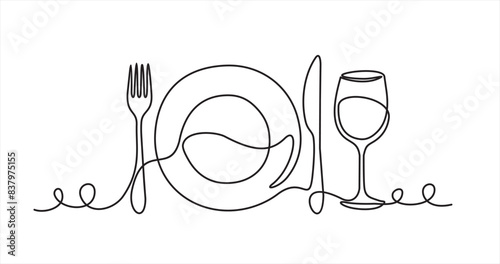 Continuous one line drawing of plate, fork, knife and glass. Menu food design. Vector illustration.