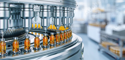 Drug manufacturing process.  Conveyor with medical ampoules line at a modern pharmaceutical plant. Pharmacology production, medicine industry from laboratory 2 factory, pharmacy. Healthcare, pharma 3D