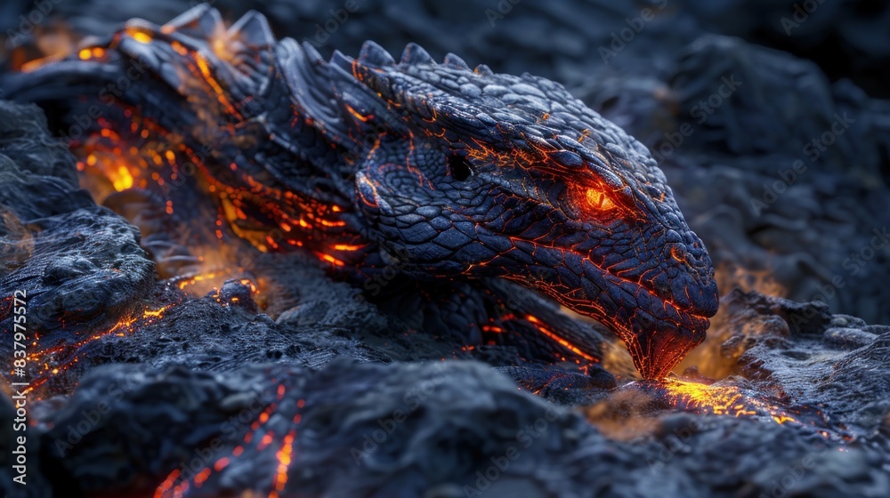 The realistic Molten Magma Roper is a colossal, snake-shaped creature with a rocky exterior covered in molten lava and burning embers. The realistic Molten Magma Roper is a colossal, snake-shaped creature with a rocky exterior covered in molten lava and burning embers.