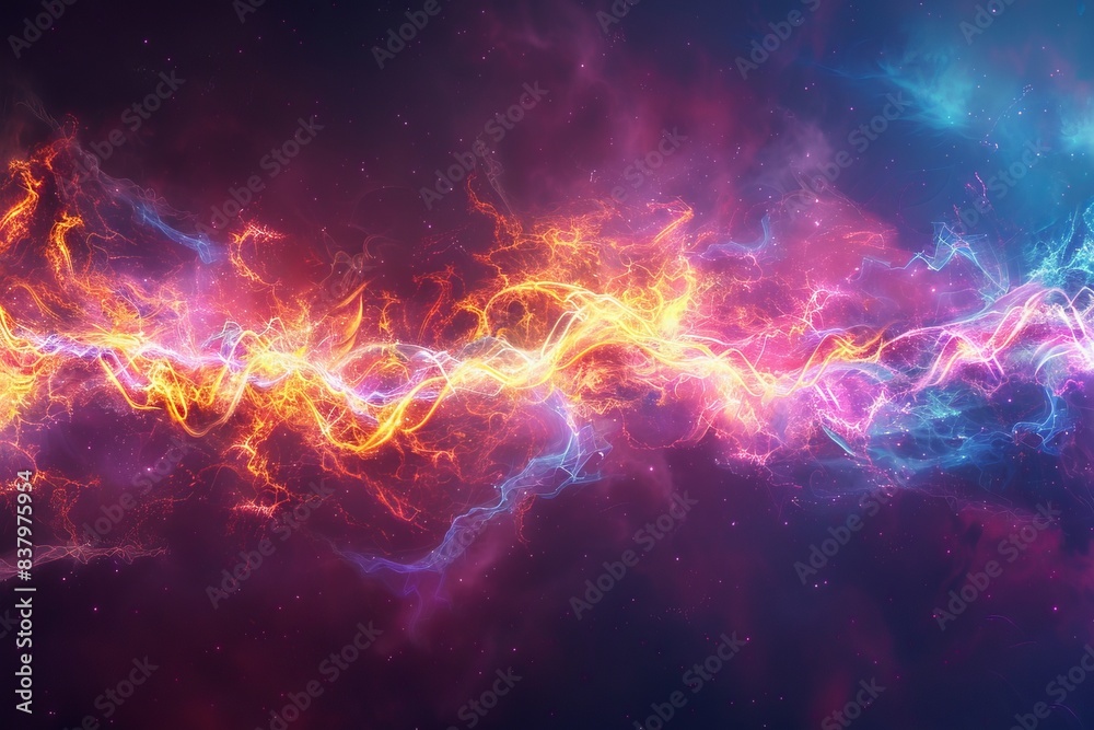 Vibrant colorful abstract energy wave on a cosmic background, showcasing vivid swirls of light and electric currents in outer space. Vibrant colorful abstract energy wave on a cosmic background, showcasing vivid swirls of light and electric currents in outer space.