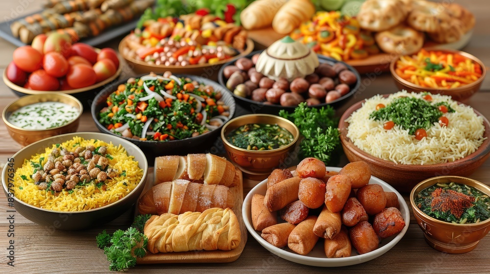 Lavish Eid al Adha Feast with Vibrant Middle Eastern Cuisine and Decorative Tableware Lavish Eid al Adha Feast with Vibrant Middle Eastern Cuisine and Decorative Tableware