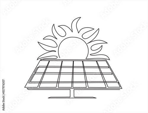 Solar energy in continuous line art drawing style. Solar panels facing the Sun to collect heat by absorbing sunlight. Black linear design isolated on white background. Vector illustration
