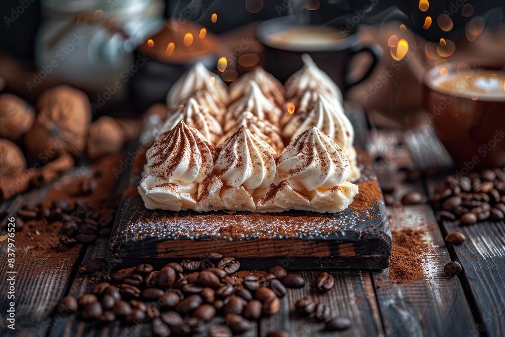 Delicious meringue dessert and coffee on rustic wooden table, surrounded by coffee beans in cozy, warm ambiance. Delicious meringue dessert and coffee on rustic wooden table, surrounded by coffee beans in cozy, warm ambiance.
